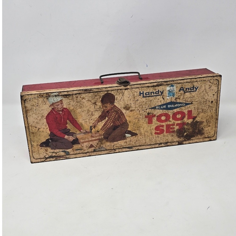 Vtg Handy Andy Blue Diamond tool set metal box ONLY red litho toy chest storage